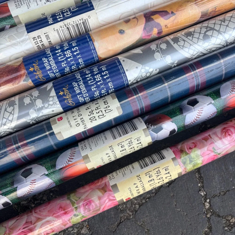 Lot 24 Rolls Gift Wrap Gibson American‎ Greetings VTG Deadstock Floral Sports